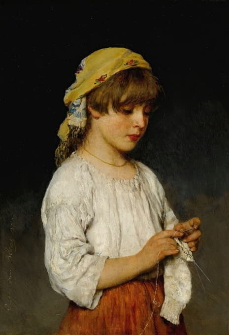 Eugen von Blaas - Knitting Girl With Headscarf