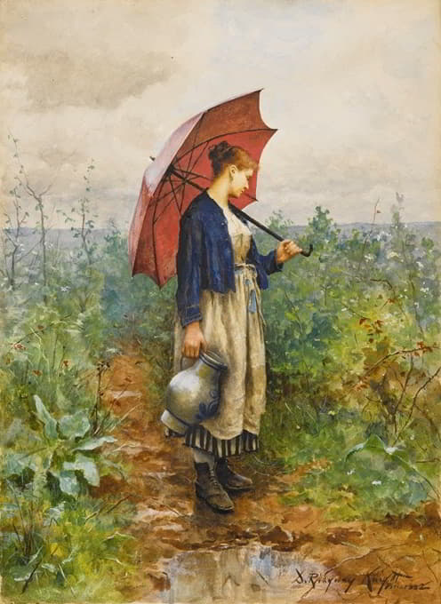 一个拿着雨伞取水的女人的肖像