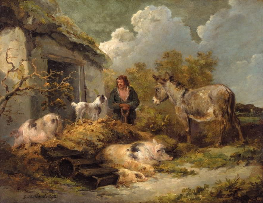 一个带着驴子、猪和牧羊犬的农家男孩