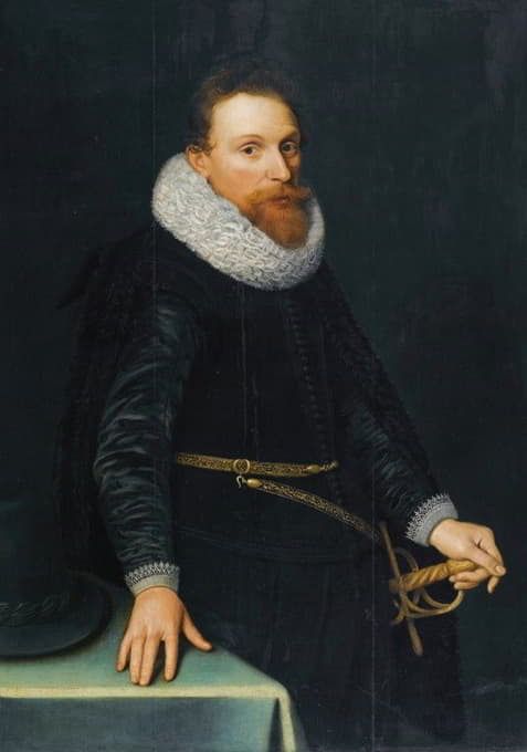 一位绅士的肖像，四分之三长，站着，身穿黑色束腰外衣和白色头巾