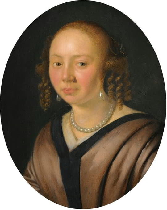 一位女士的肖像，头和肩，戴着珍珠耳环和项链