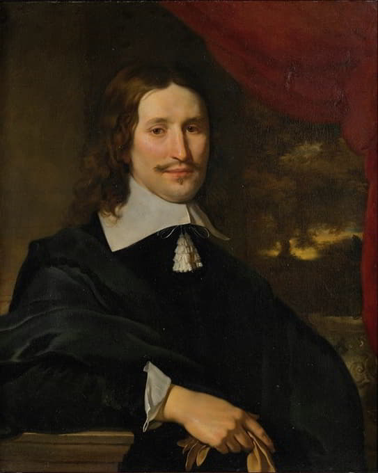 一位绅士手持手套的肖像，半身，在风景画前