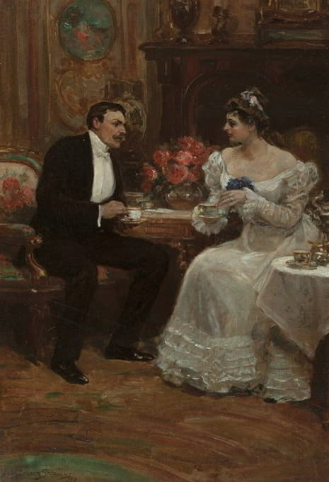 Alice Barber Stephens - Seated Couple Having Tea