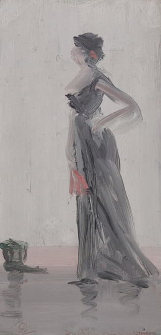 Léon Dabo - Standing Woman with Fan, A Study in Rose and Grey