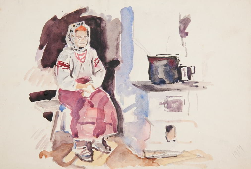 Ivan Ivanec - Wieśniaczka w haftowanej białej bluzce i w koralach siedząca w kuchni przy piecu