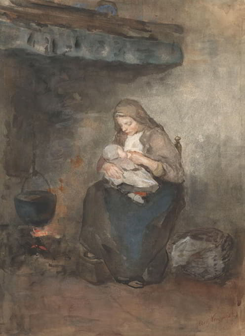 母亲在火旁吮吸她的孩子