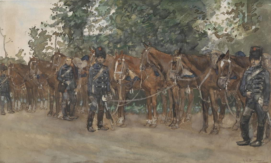 George Hendrik Breitner - Huzaren staande naast hun paarden langs de kant van de weg