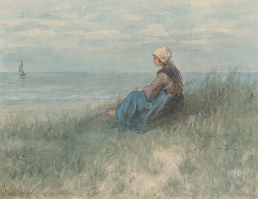 一个女人坐在沙丘上看海