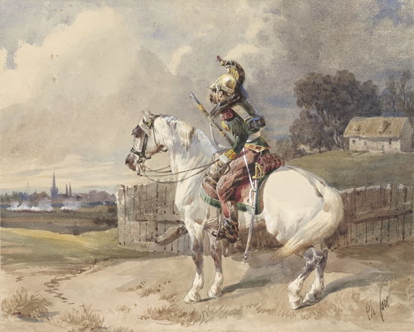 Théodore Fort - Franse dragonder op een wit paard, links gewend, in profiel
