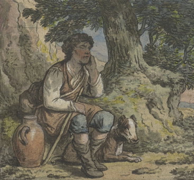 Anthony Andriessen - Jongen onder een boom met een hond en een kruik