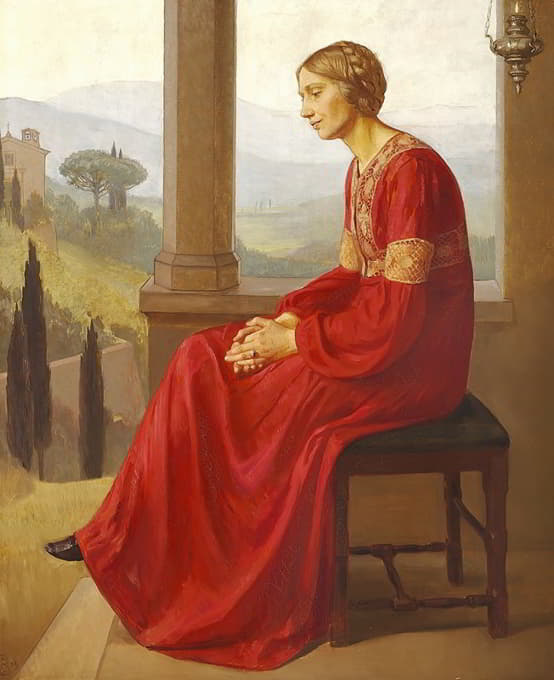 意大利风景中，一位身着红色连衣裙的女子坐在阳台上