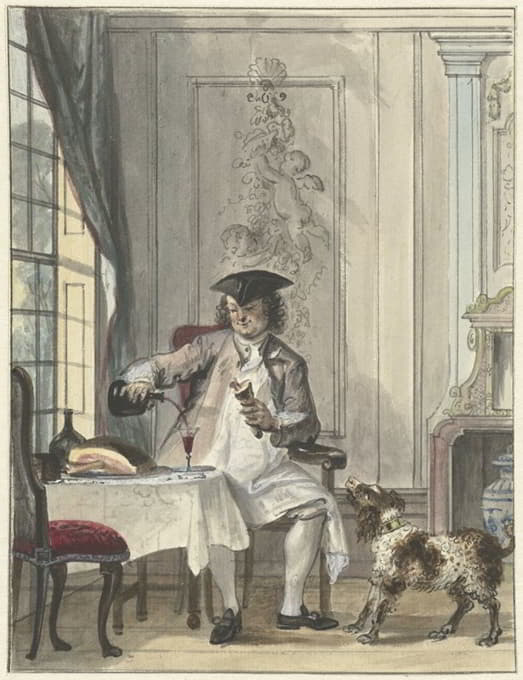 Cornelis Troost - Tafelende man met een glas wijn een een kluif