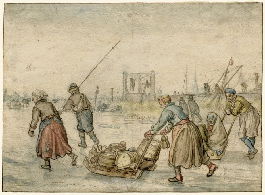 冬天的景色，冰上有两个女人、一辆雪橇和其他人物，远处有绞刑架