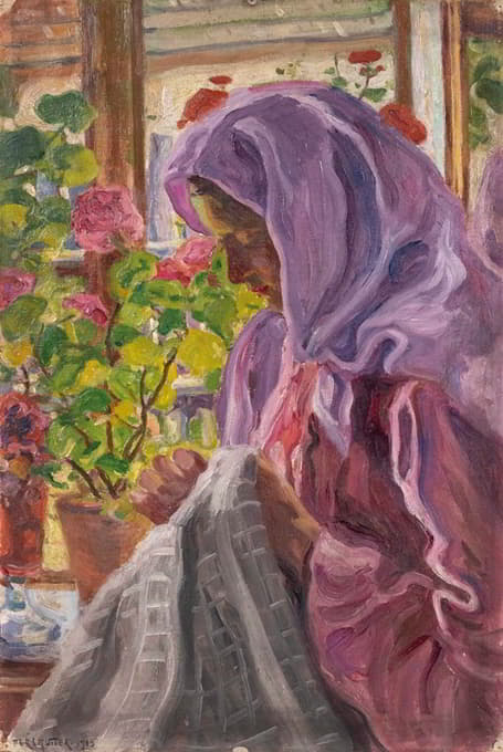 Izsák Perlmutter - Junge Näherin am Blumenfenster