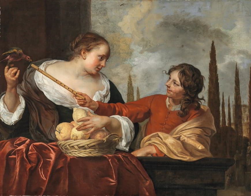 一位女士拿着一只鹦鹉，手里拿着一篮水果，一位年轻人拿着长笛