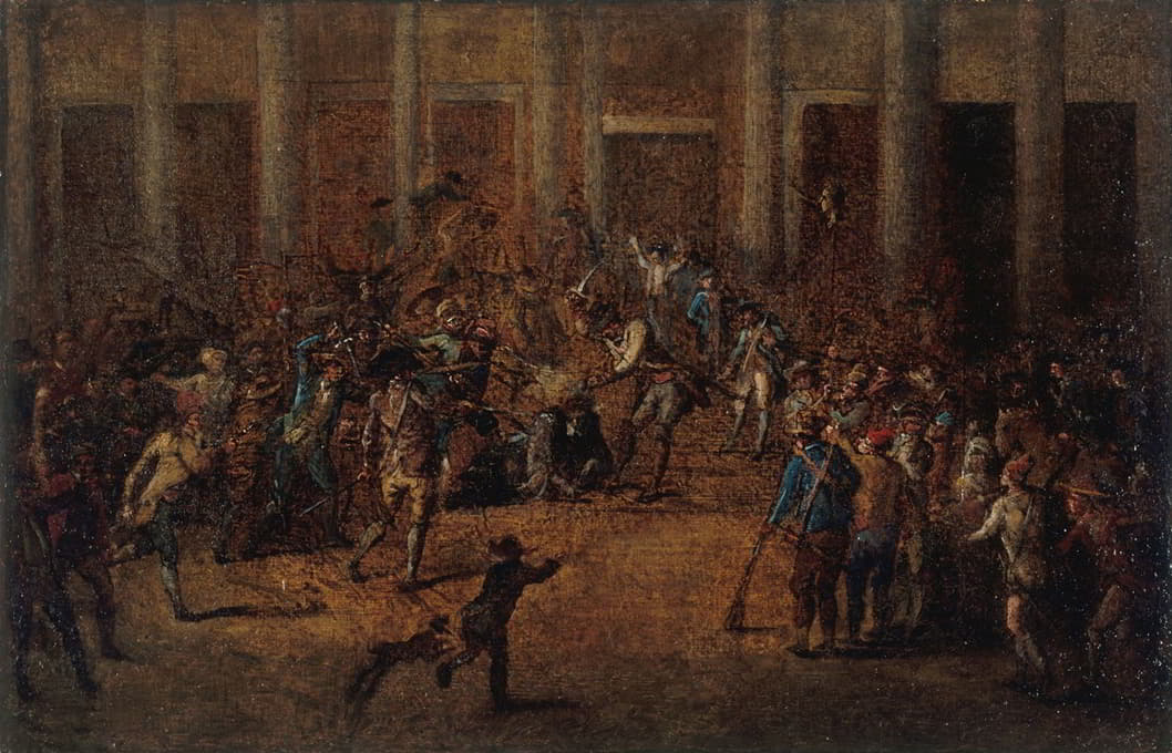 Jean-Baptiste Lallemand - La mort de Flesselles, prévôt des marchands, devant l’Hôtel de Ville, le 14 juillet 1789, actuel 4ème arrondissement.