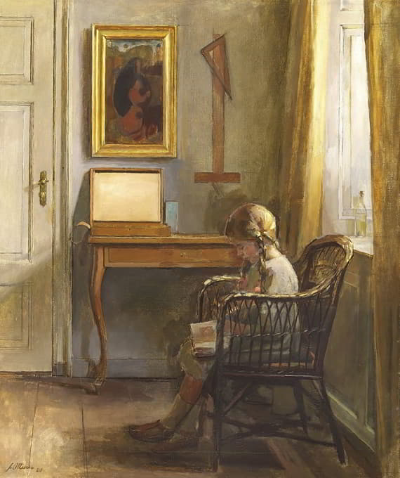 Johannes Ottesen - Interiør med læsende pige ved vindue