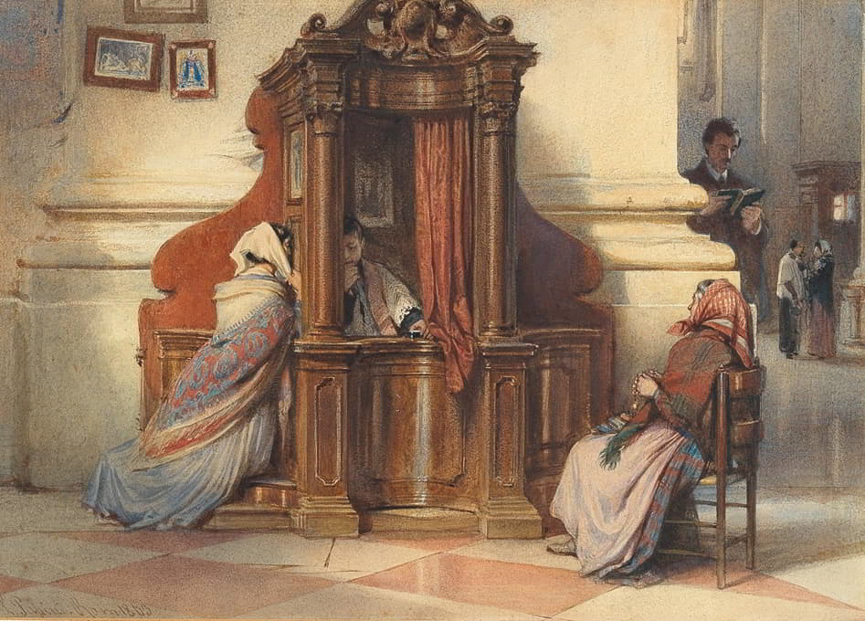 Ludwig Johann Passini - A church interior with women at the confessional