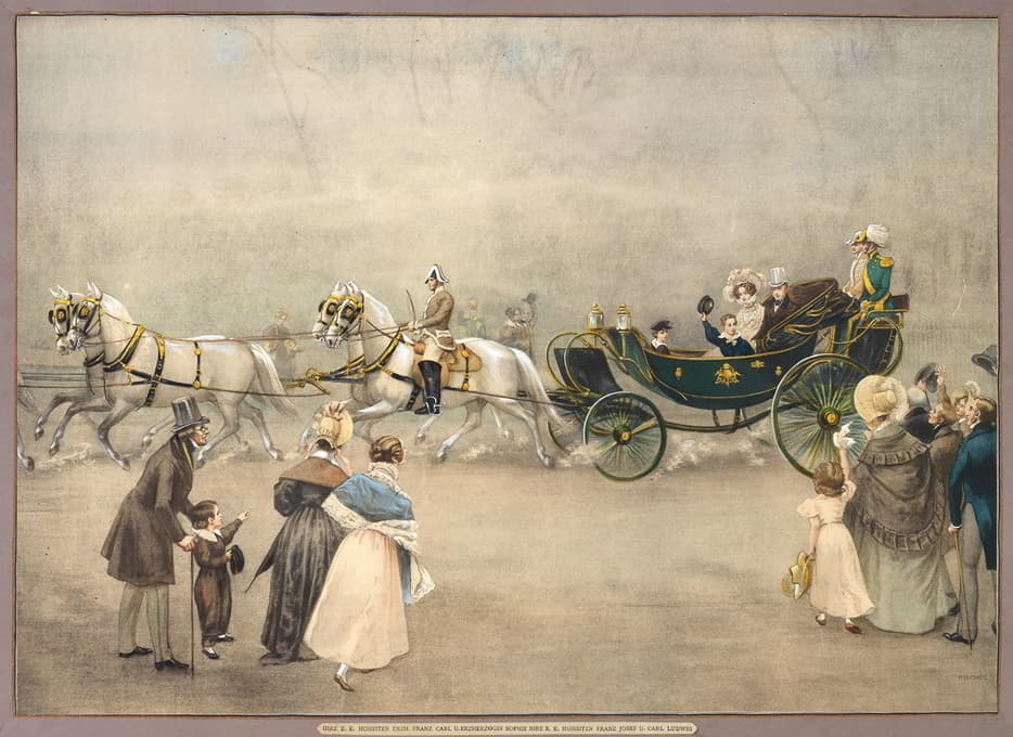 Menci Clement Crnčić - Their Imperial and Royal Highnesses Archduke Francis Charles and Archduchess Sophie, with their children Francis Joseph and Carl Ludwig in a four-horse carriage