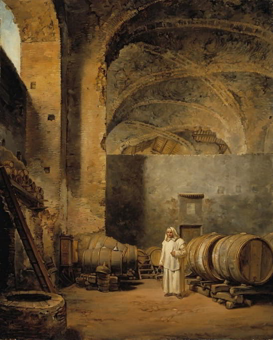 一个僧侣在一个被建成酒窖的废墟中