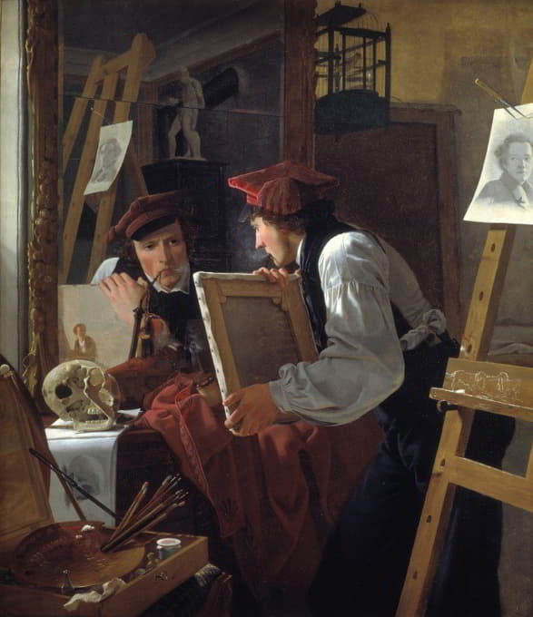 一位年轻的艺术家（迪特列夫·布伦克）在镜子里检查素描
