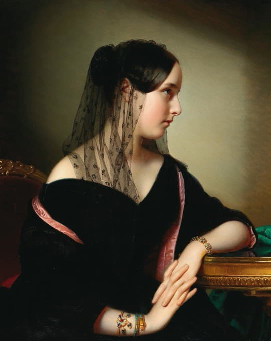 一位年轻女士的侧面肖像，有一只珐琅手镯、一只蛇手镯和一只绿松石手镯