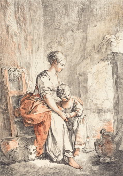 壁炉前的妇女和儿童