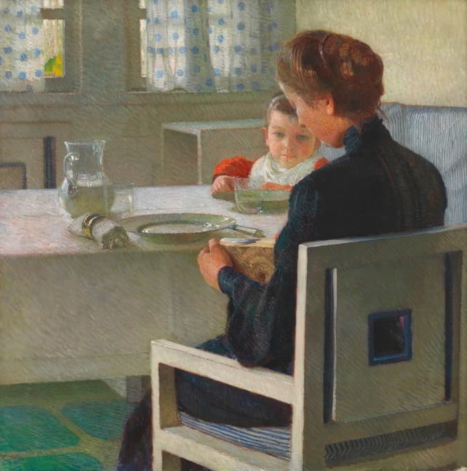 母亲和孩子在餐桌旁（早餐时）