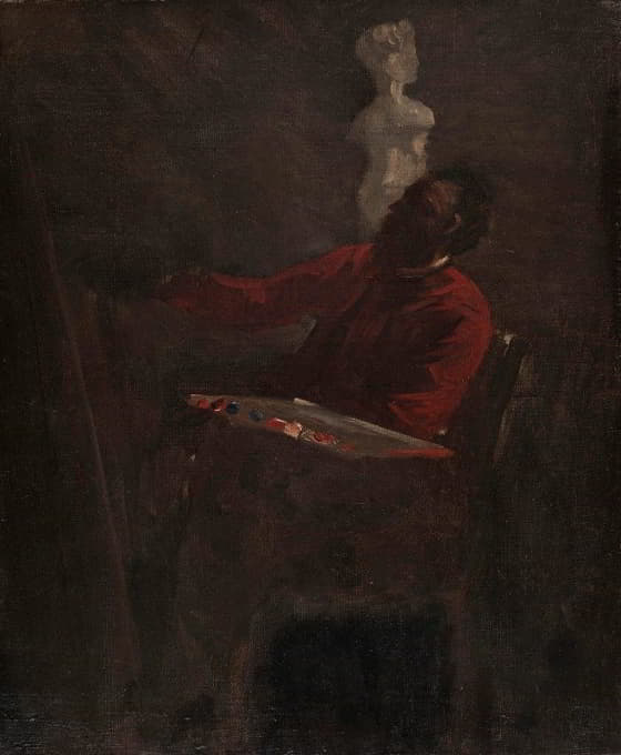 穿着红色夹克的鲤鱼在他的工作室里画画。