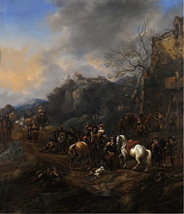 Thomas Wijck - A troop of cavalrymen and other figures outside an inn, a hill fort beyond