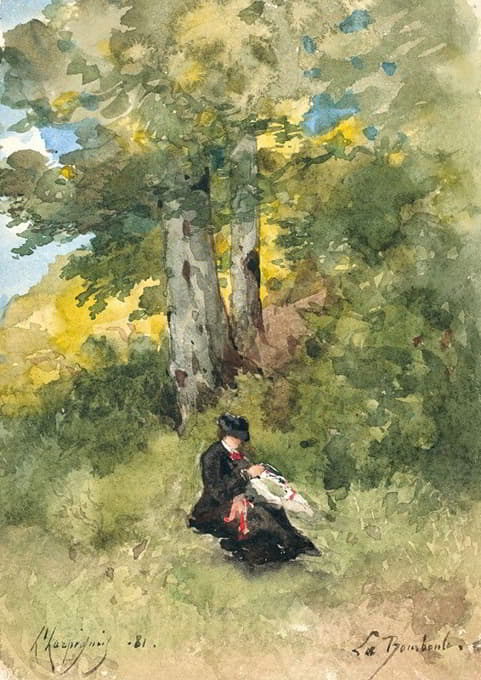 Henri-Joseph Harpignies - Marguerite cousant dans un paysage arboré