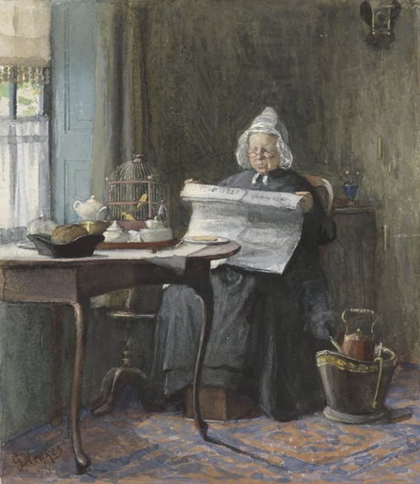 Gerke Henkes - Interieur met een vrouw die de krant leest
