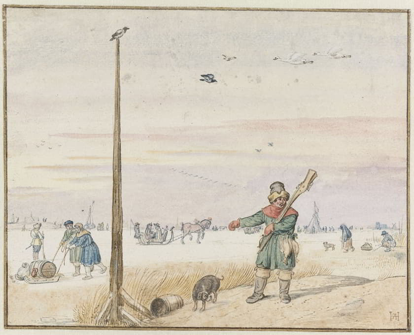 冬天的风景，一个猎鸭人带着猎物，肩上扛着枪，站在结冰的河岸上