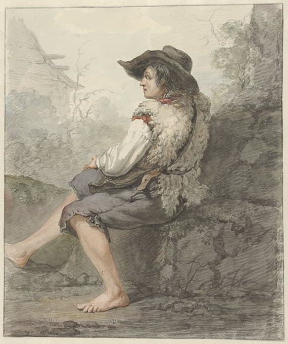 Jacob van Strij - Zittende jongen met hoed en schapenvacht, naar links