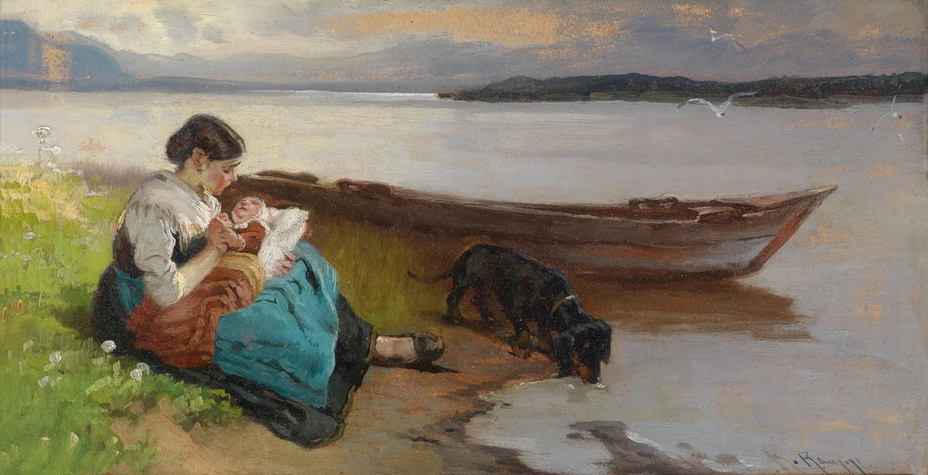 母亲和孩子在湖边