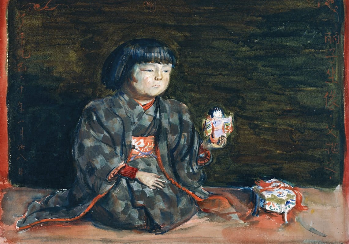 Kishida Ryusei - Seated Portrait of Reiko with a Doll