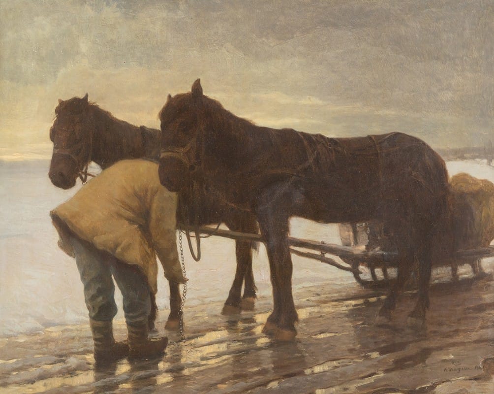 Albert Stagura - Farmer with horse carriage in winter landscape