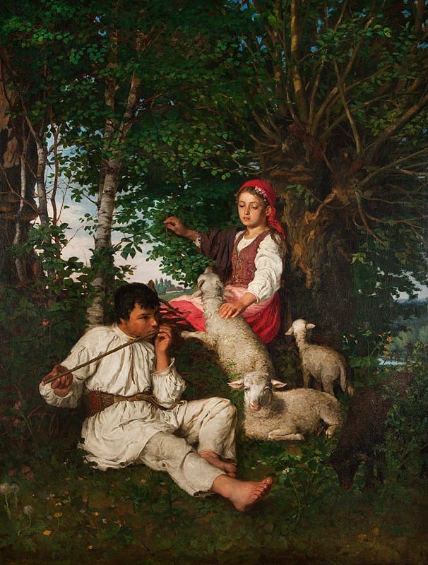 Kazimierz Pochwalski - Pair of shepherds in the forest – Idyll