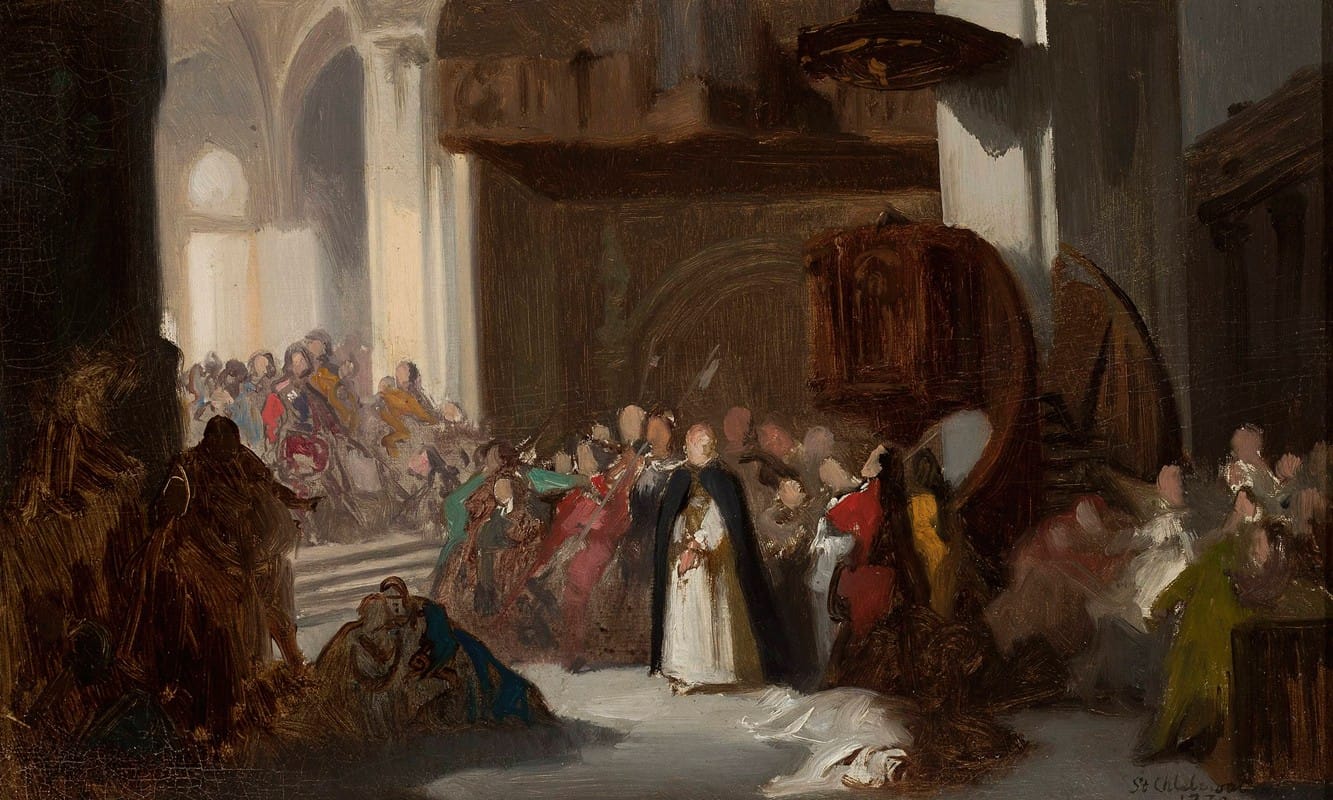 Stanisław Chlebowski - Scene in a church, sketch for a historical scene