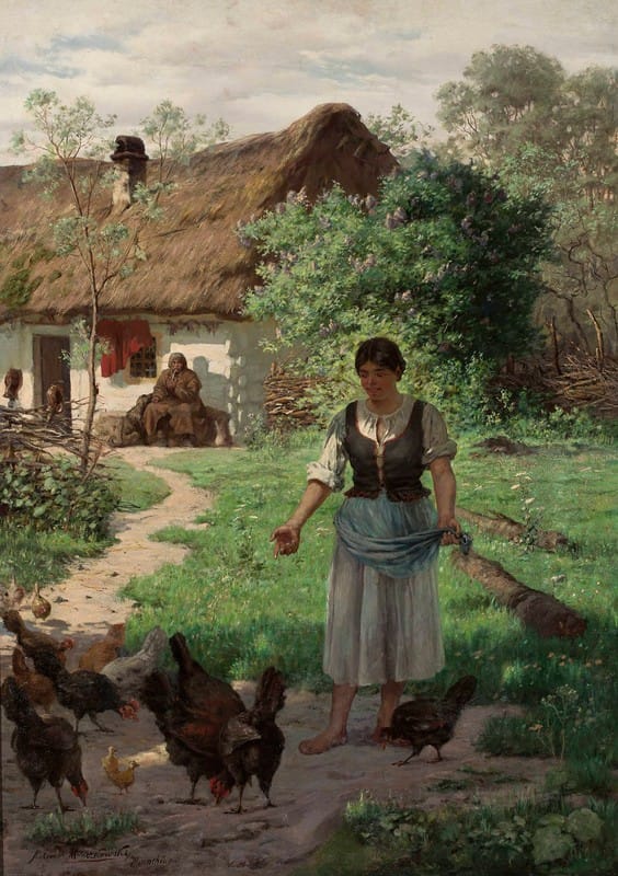 Aleksander Mroczkowski - Village girl feeding hens