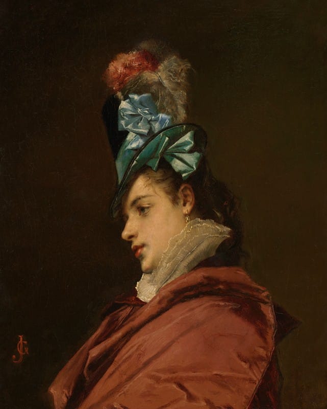 Jules-Adolphe Goupil - WOMAN WEARING A HAT WITH A BLUE RIBBON
