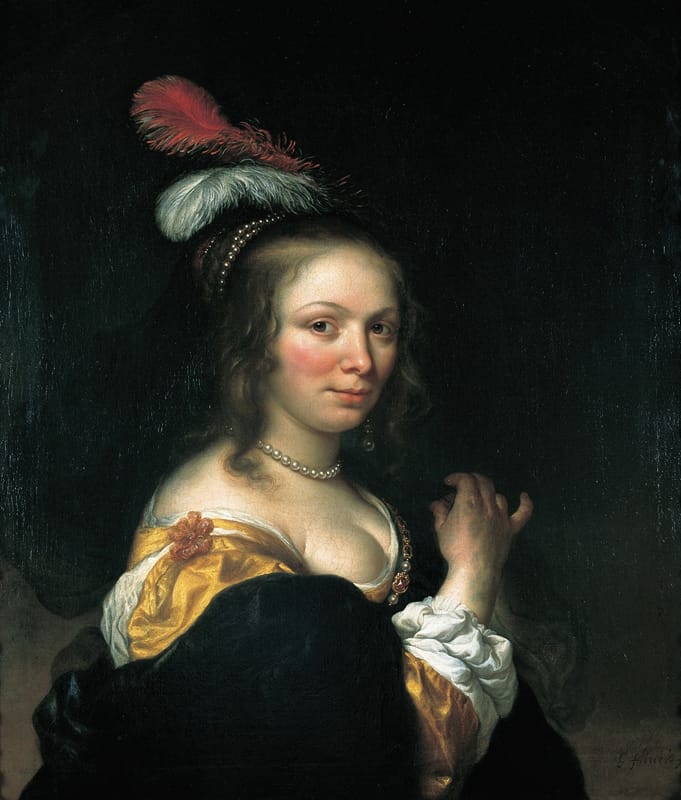 Govert Flinck - Portrait of a woman wearing a hat with feathers