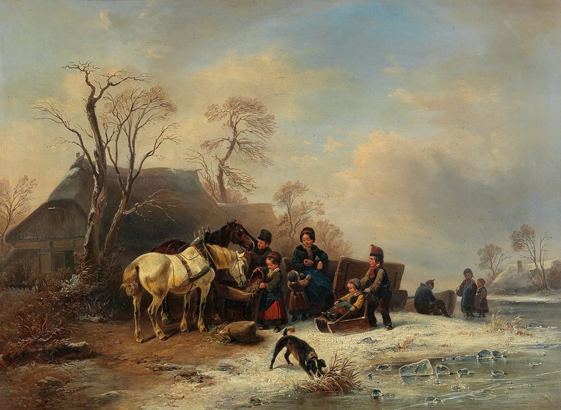 Wilhelm Alexander Meyerheim - A Winter Scene with Children and Horses