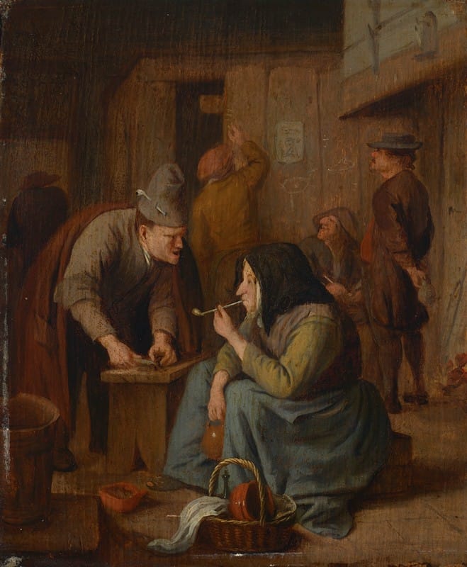 Jan Steen - A tavern interior with a woman smoking a pipe and a man cutting tobacco