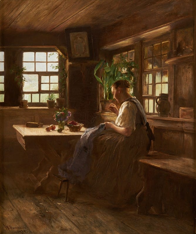 Wilhelm Gustav Friedrich Hasemann - Gutach Girl in a Sitting Room, Sewing