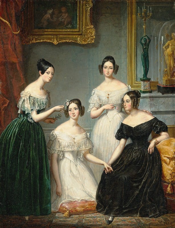 François Quesnel - Group portrait of four young ladies in an interior