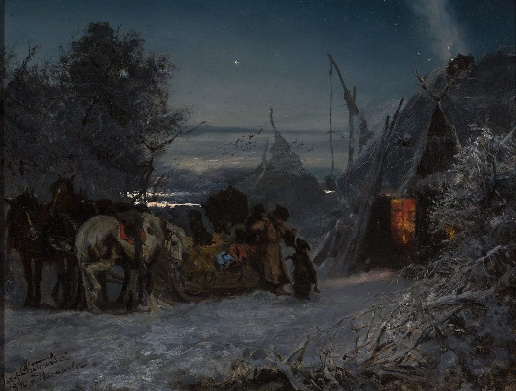 Jozef Chelmonski - Sleigh in front of a hut at night