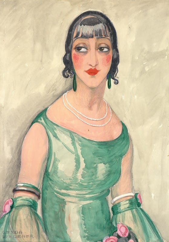 Gerda Wegener - Portrait of a woman in green dress and pearls