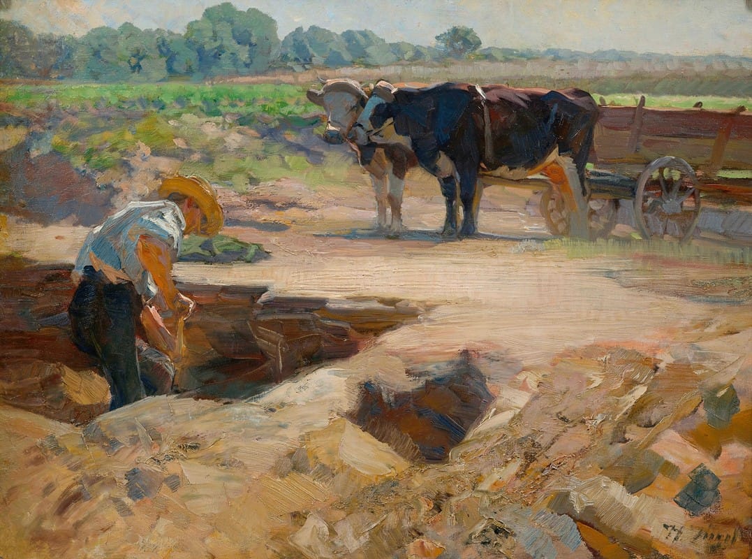 Heinrich Von Zügel - A peat digger with a team of oxen