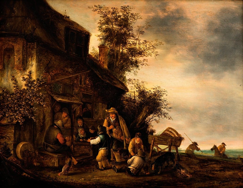Gert van Hens - Scene with a hurdy-gurdy player and a boy violinist outside a tavern